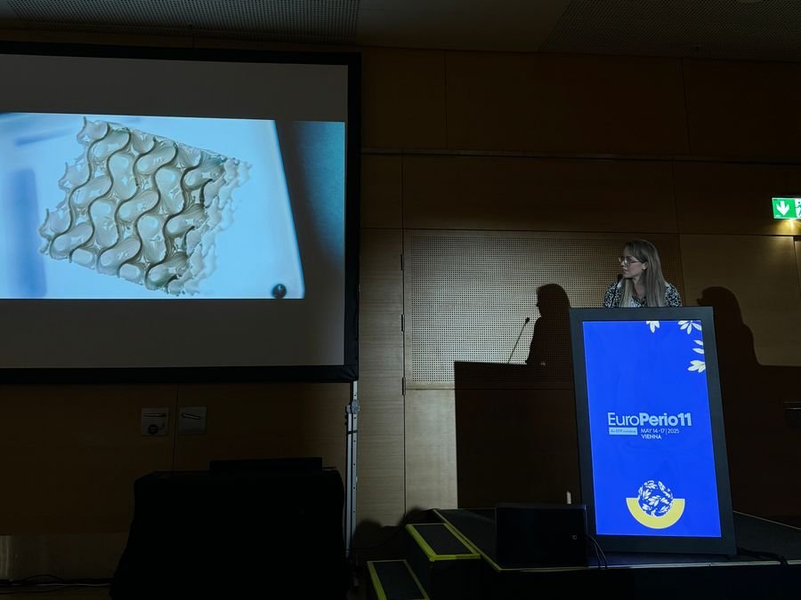 Milda Vitosytė presenting at EuroPerio11 in Vienna, with a 3D-printed scaffold on the screen